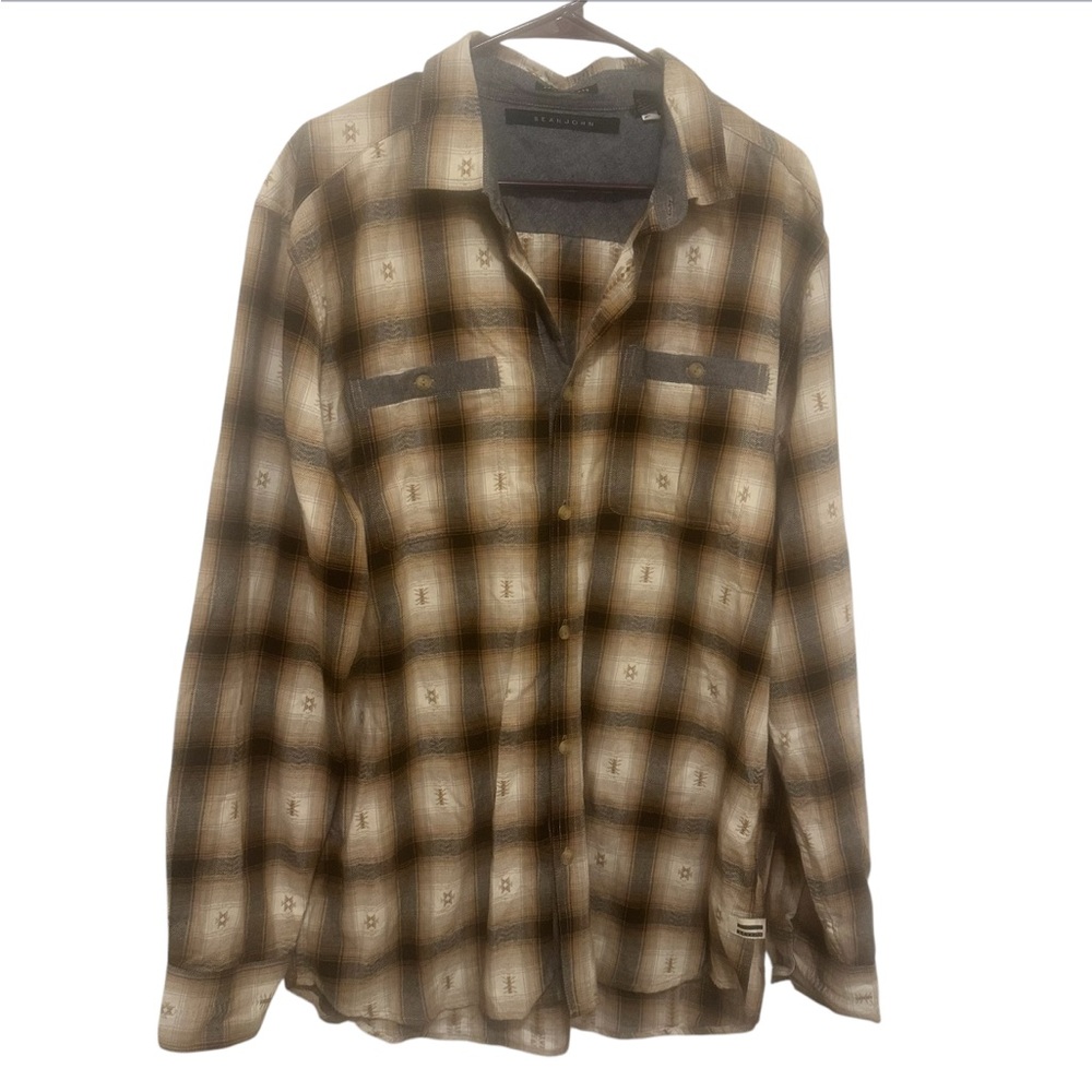 Sean John Men's Brown Plaid Preowned Shirt size XL